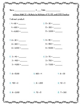 Preview of enVision Math 4th Grade - 3.1 Multiply by Multiples of 10, 100, and 1,000