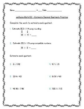 Preview of enVision Math 5th Grade - Topic 6 Use Models and Strategies to Divide Decimals