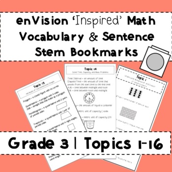 Preview of enVision Vocabulary and Sentence Stem Bookmarks Topics 1-16 | Grade 3