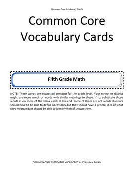 Preview of fifth grade common core standards vocabulary cards Math ELA
