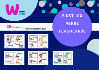 Preview of first 100 verbs flashcards English action verbs  printables 2021 learn English