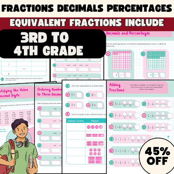 Preview of fractions decimals percentages and Equivalent fractions worksheet