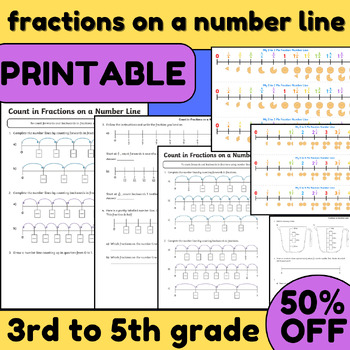 Preview of fractions on a number line,  printable math fractions review 3rd to 5th grade
