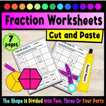 Preview of fractions worksheets the shape is divided into two, three or four parts