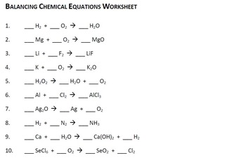 balancing chemical equations worksheet with solutions