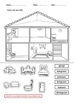 Preview of free house, rooms, decoration worksheet.