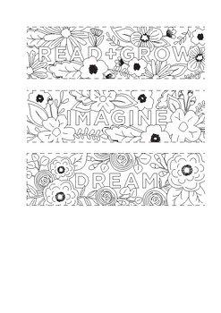 Preview of free printables Read + Grow Coloring Bookmarks
