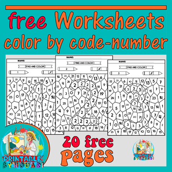 Preview of free pintables Worksheets- color by code  number 0-20 gift for kids