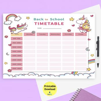 Preview of girl daily schedule,back to school,timetable,unicorn printable,Weekly planner