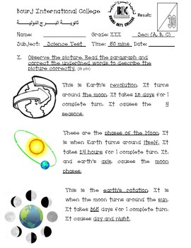 grade 3 space test rotation revolution phases of the