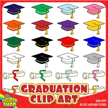 Preview of graduation clipart// grad cap, diploma .png in popular school colors, grayscale