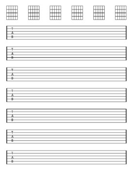 Preview of guitar tablature notebook 7 blank chord diagrams seven 6-line staves