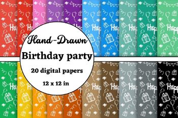 Preview of hand drawn birthday party digital papers