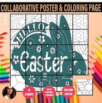 Preview of Easter bunny coloring collaborative poster April bulletin board idea Pop art