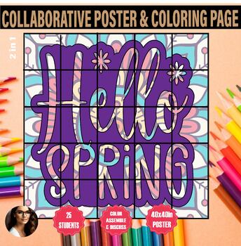 Preview of hello spring coloring collaborative poster April bulletin board idea