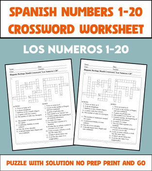 Preview of hispanic heritage month Puzzle - Spanish Numbers 1-20 Crossword Worksheet