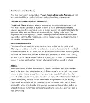 Preview of i-Ready Beginning of the Year Parent Letter (Reading)