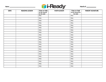 Preview of i-Ready Homework Log specified with district requirements
