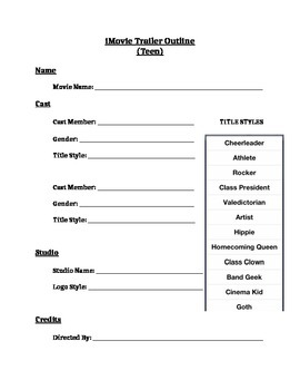 Preview of iMovie Trailer Outline and Storyboard (Teen)