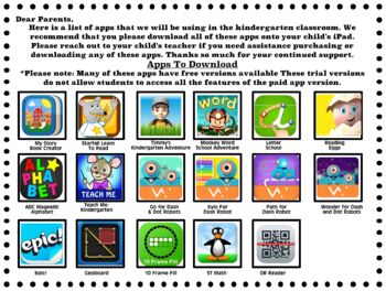 Preview of iPad App List for Kindergarten Class