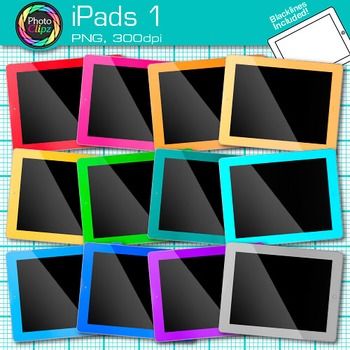 Preview of iPad Clipart Images: 13 Colorful Rainbow Tablet Clip Art, Transparent PNG B&W