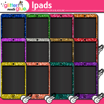 Preview of iPad Clipart Images: 13 Cute Rainbow Glitter Tablet Clip Art Transparent PNG B&W