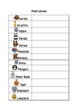 iPad Name List - Class Set - Animal Names