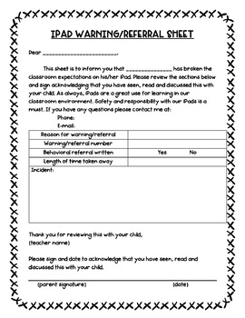 Preview of iPad Warning and Behavioral Referral Sheet