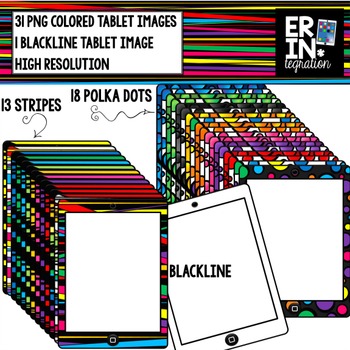 Preview of iPad clipart - 32 rainbow iPad or tablets images in dots, stripes, and blackline