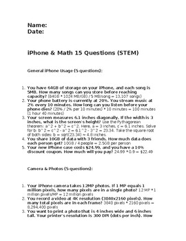 Preview of iPhone & Math 15 Questions (STEM)