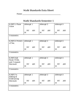 Preview of 5th Grade Math Student Data Sheet (Ohio)