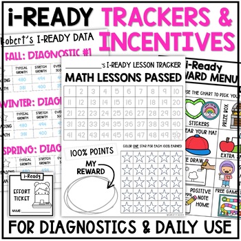 Preview of iReady Data Tracking Diagnostics & Student Lessons with Editable Reward Cards
