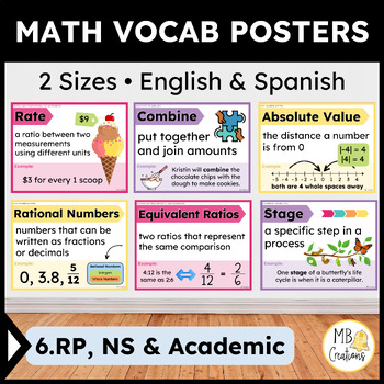 Preview of 6th Grade iReady Math Banners Eng/Spanish Word Wall 6.RP, NS Vocabulary - Vol 1