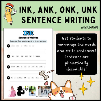 Preview of ink, ank, onk, unk Sentence Writing Worksheets | Phonics Sentence Scramble
