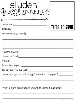 Back to School Student Questionnaire by The Crazy Schoolteacher | TPT