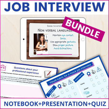 Preview of Job interview - Career readiness Tips, questions, rubric & quiz bundle