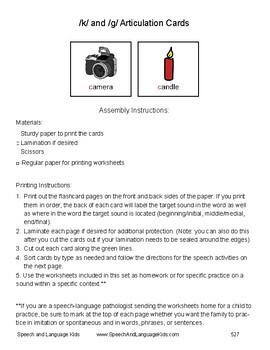 k and g articulation cards and worksheets by speech