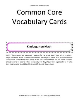 Preview of kindergarten grade common core standards vocabulary cards Math ELA