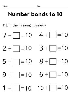 kindergarten number bonds to 10 worksheet by Safe Teacher | TPT