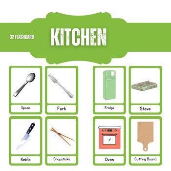Preview of Kitchen Flashcards , 32 Clipart , PDF And PPTX Files , Editable