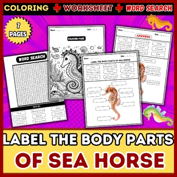 Preview of label the body parts of sea horse:Word Search, Labeling, Worksheet, Coloring Pag
