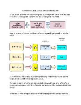 Preview of le passé composé (participe passé régulier) - the past tense (regular p.p.)