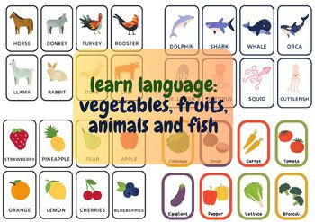 Preview of learn language: vegetables, fruits, animals and fish