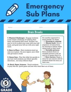 Preview of lesson plan® Sub Plans® Emergency Sub Plans For Fifth Grade® Five-Day Sub Plan.