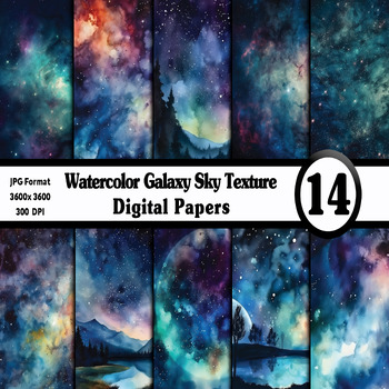 Preview of Watercolor Galaxy Sky Digital Paper Pack - 14 Different Backgrounds Clip Art