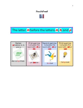 Preview of FRENCH  m before m, b, p words vocabulary grammar spelling - review - worksheet