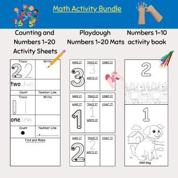 Preview of math bundle, play dough mats, number worksheets, Montessori math, 1 to 20, PDF