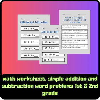 Preview of math worksheet, simple addition and subtraction word problems 1st & 2nd grade