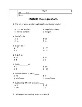 Preview of maths easy multiple choice questions intergers