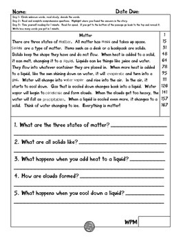 matter and water cycle fluency and comprehension leveled passage